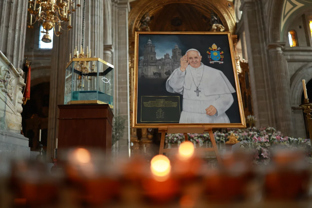 A painting of the late Pope Francis in Mexico City's Metropolitan Cathedral. Photo by Hector Vivas/Getty Images